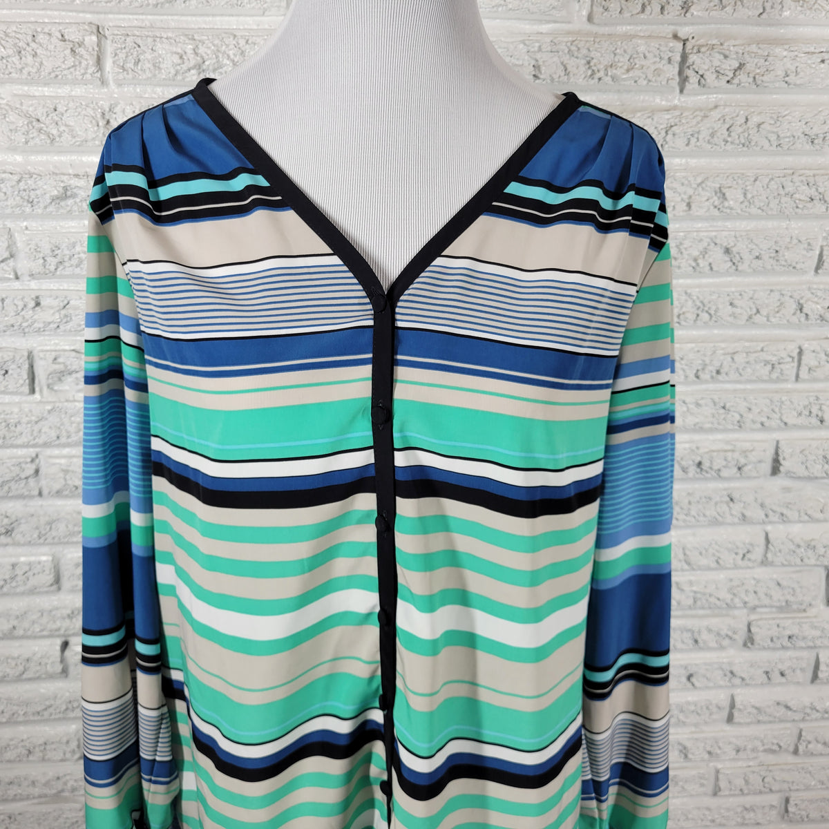 Style & Co Shirt Womens XL Blue Green Striped Button Up V-Neck Cardigan Top STR181E