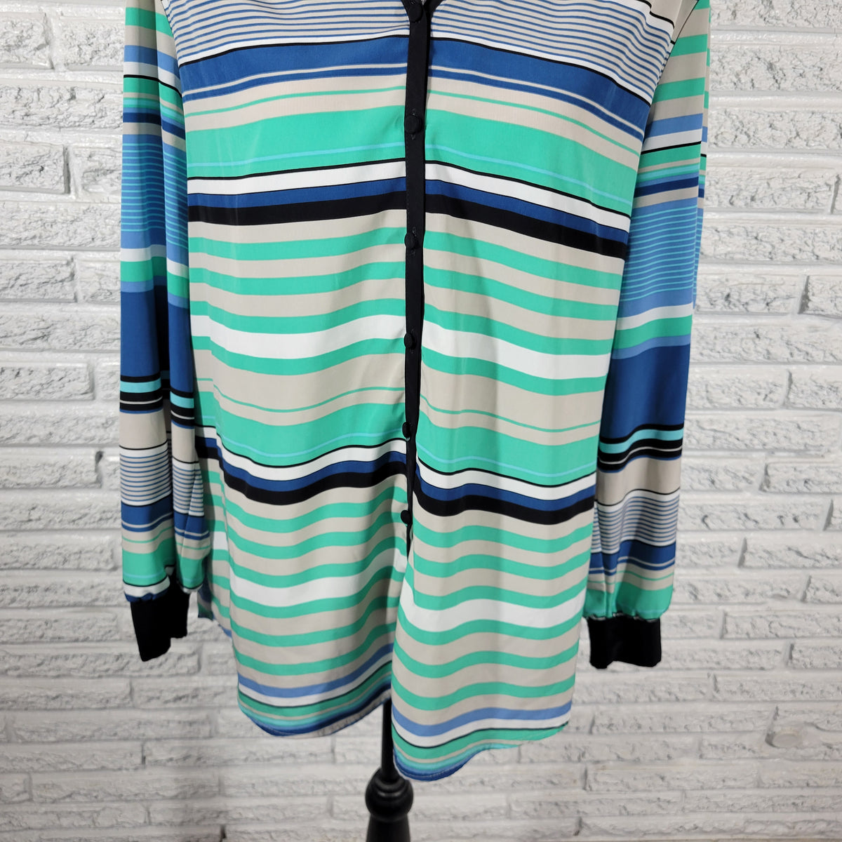 Style & Co Shirt Womens XL Blue Green Striped Button Up V-Neck Cardigan Top STR181E