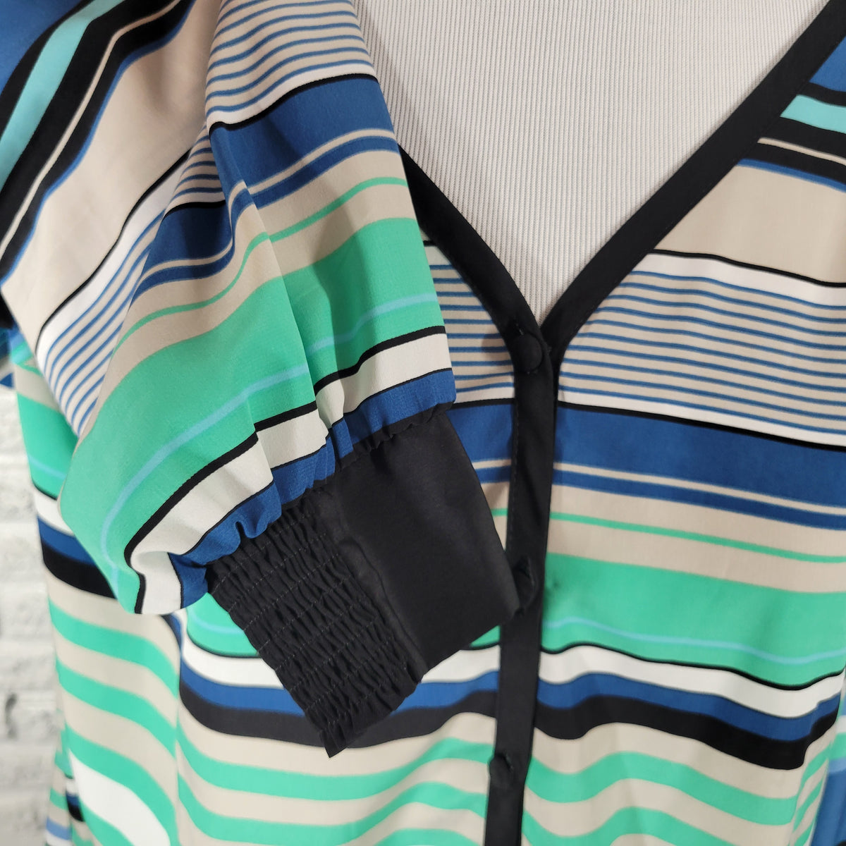 Style & Co Shirt Womens XL Blue Green Striped Button Up V-Neck Cardigan Top STR181E