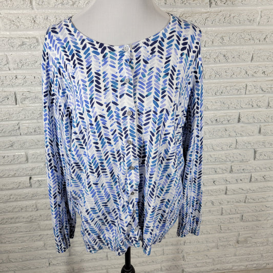 Karen Scott Cardigan Womens 2X Blue White Watercolor Knit Sweater Long Sleeve WAT45E