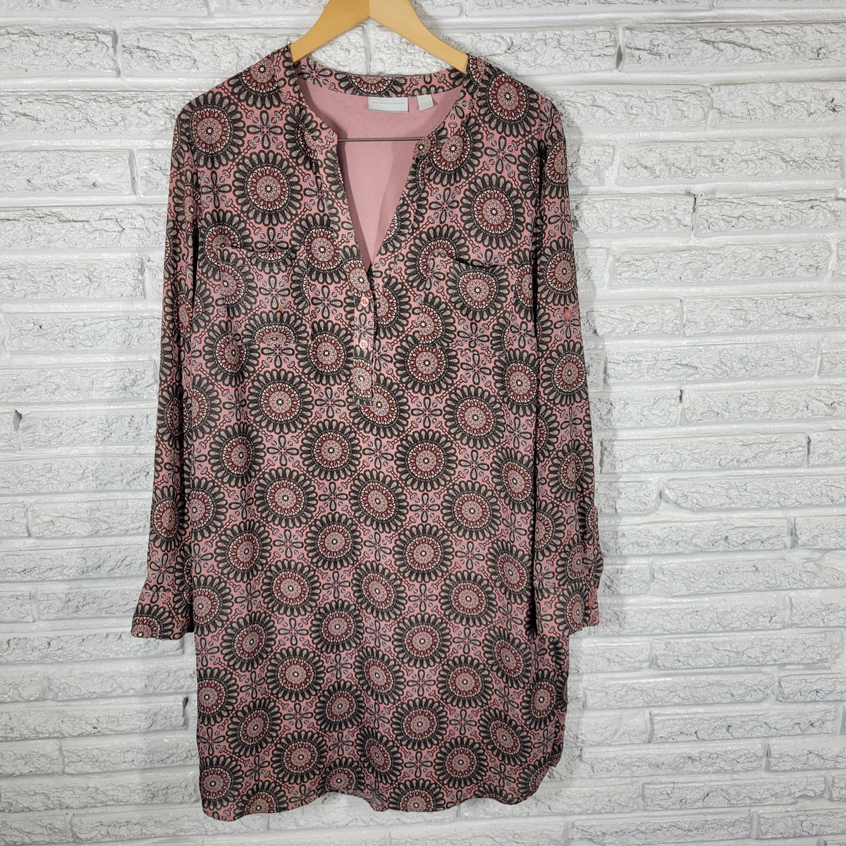 New York & Co Dress Womens XL Geometric V-Neck Long Sleeve Mini Pockets Lined GEO176E