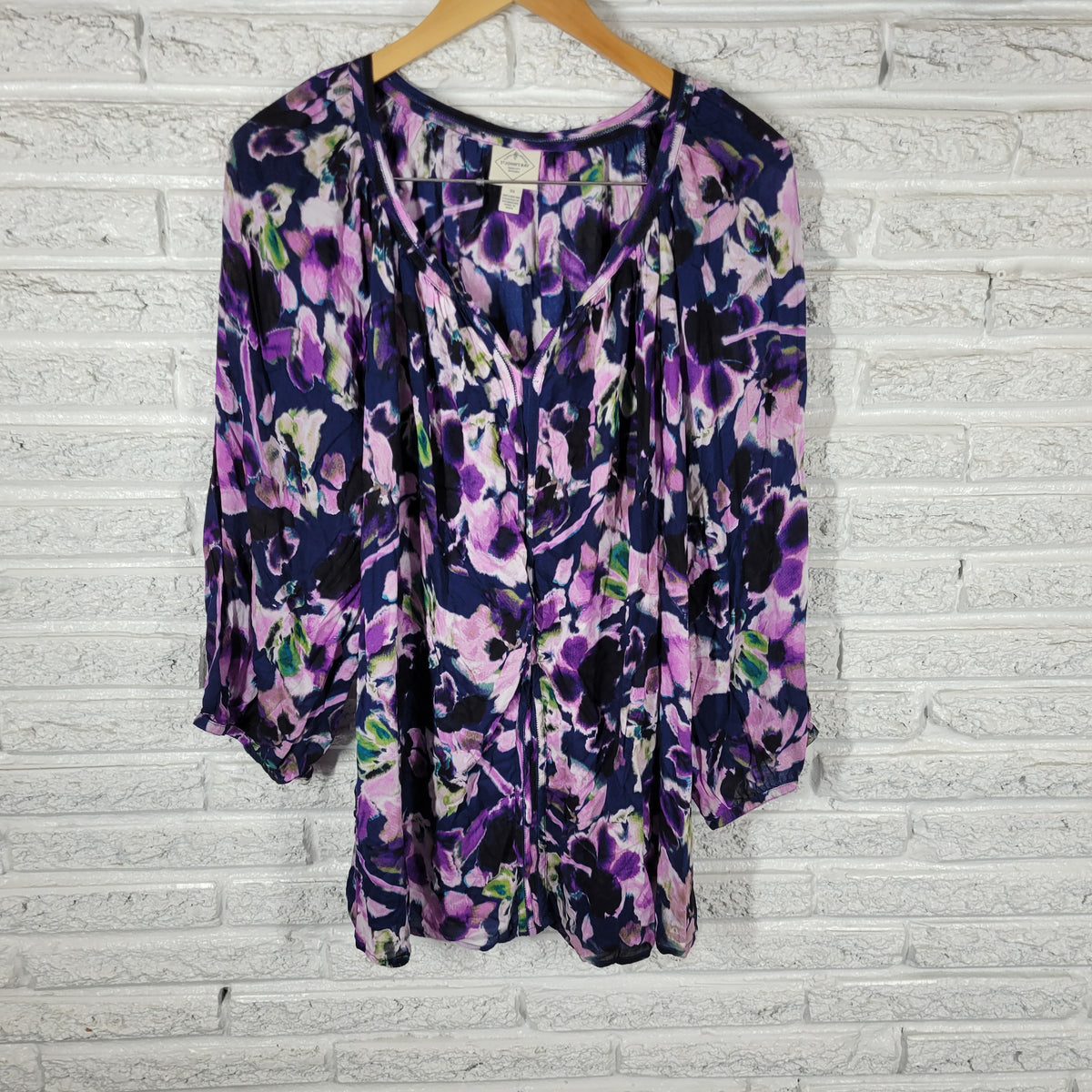 St. Johns Bay Tunic Womens 3X Blue Purple Floral Sheer V-Neck 3/4 Sleeve Top FLO82E