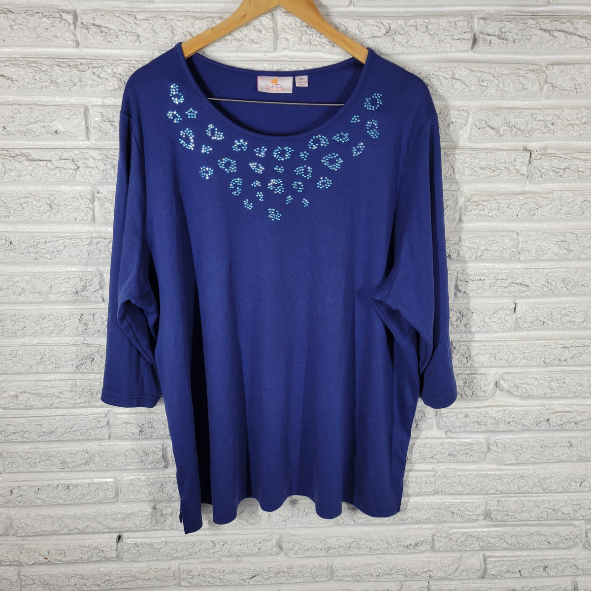 Quacker Factory Tunic Womens 3X Blue Rhinestone Crew Neck 3/4 Sleeve Top Shirt BLU19E