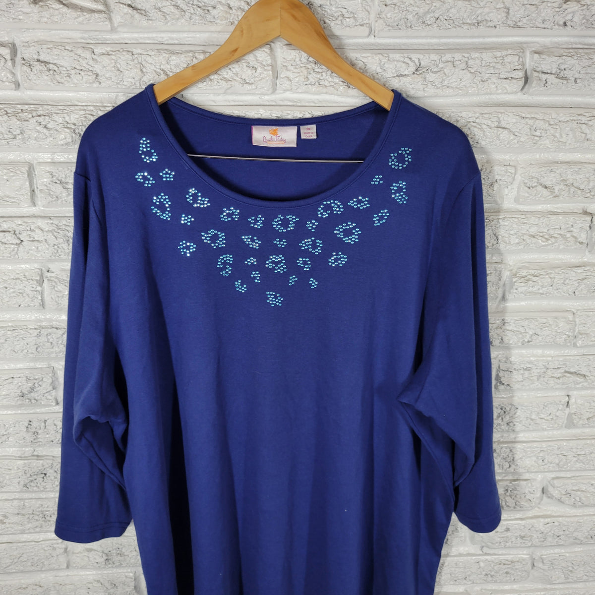 Quacker Factory Tunic Womens 3X Blue Rhinestone Crew Neck 3/4 Sleeve Top Shirt BLU19E