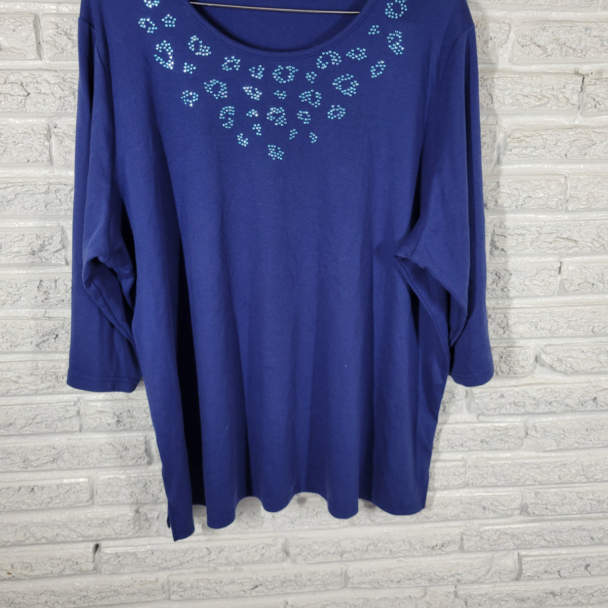Quacker Factory Tunic Womens 3X Blue Rhinestone Crew Neck 3/4 Sleeve Top Shirt BLU19E