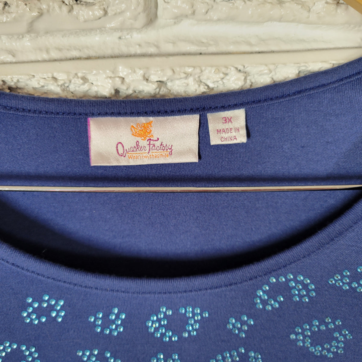 Quacker Factory Tunic Womens 3X Blue Rhinestone Crew Neck 3/4 Sleeve Top Shirt BLU19E