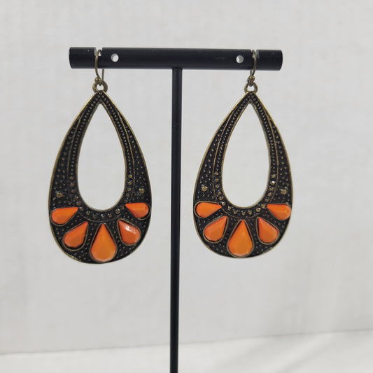 Boho Antique Brass Teardrop Earrings Orange Stone Accent Openwork Dangle Hoop E106E