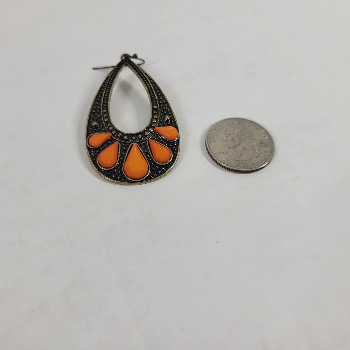 Boho Antique Brass Teardrop Earrings Orange Stone Accent Openwork Dangle Hoop E106E