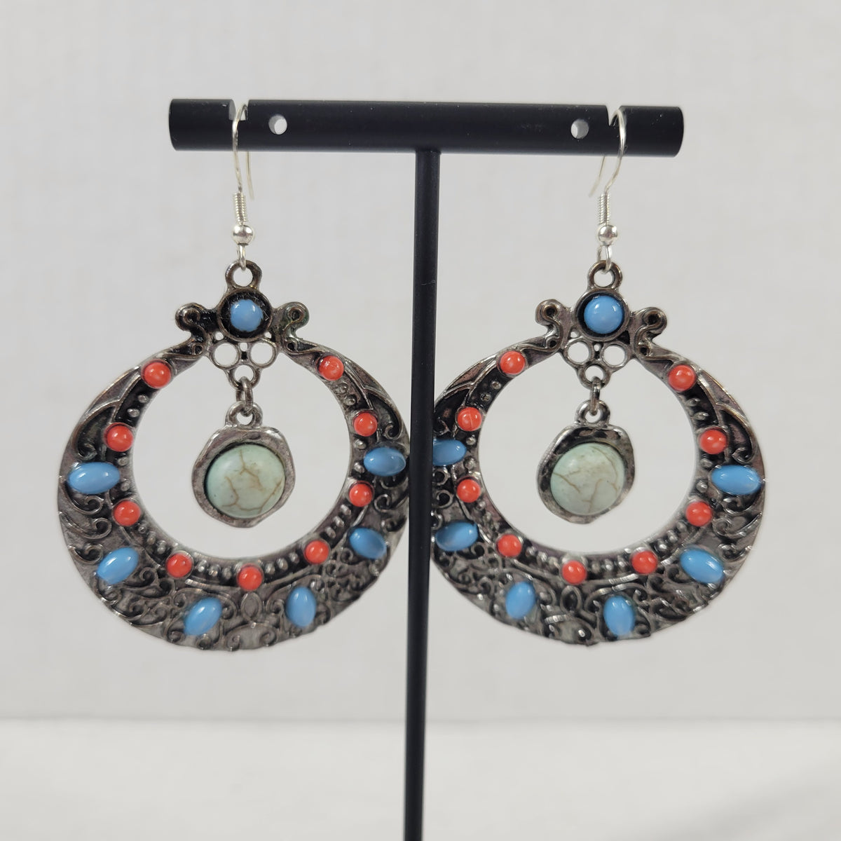 Southwestern Faux Turquoise Coral Hoop Earrings Boho Silver Dangle Statement E97E