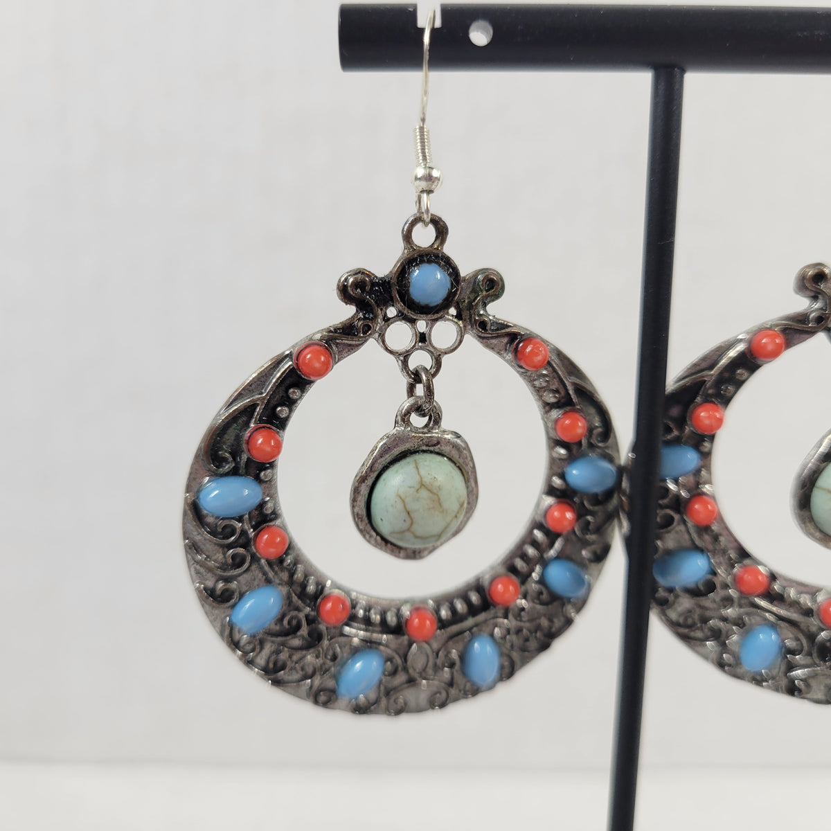 Southwestern Faux Turquoise Coral Hoop Earrings Boho Silver Dangle Statement E97E
