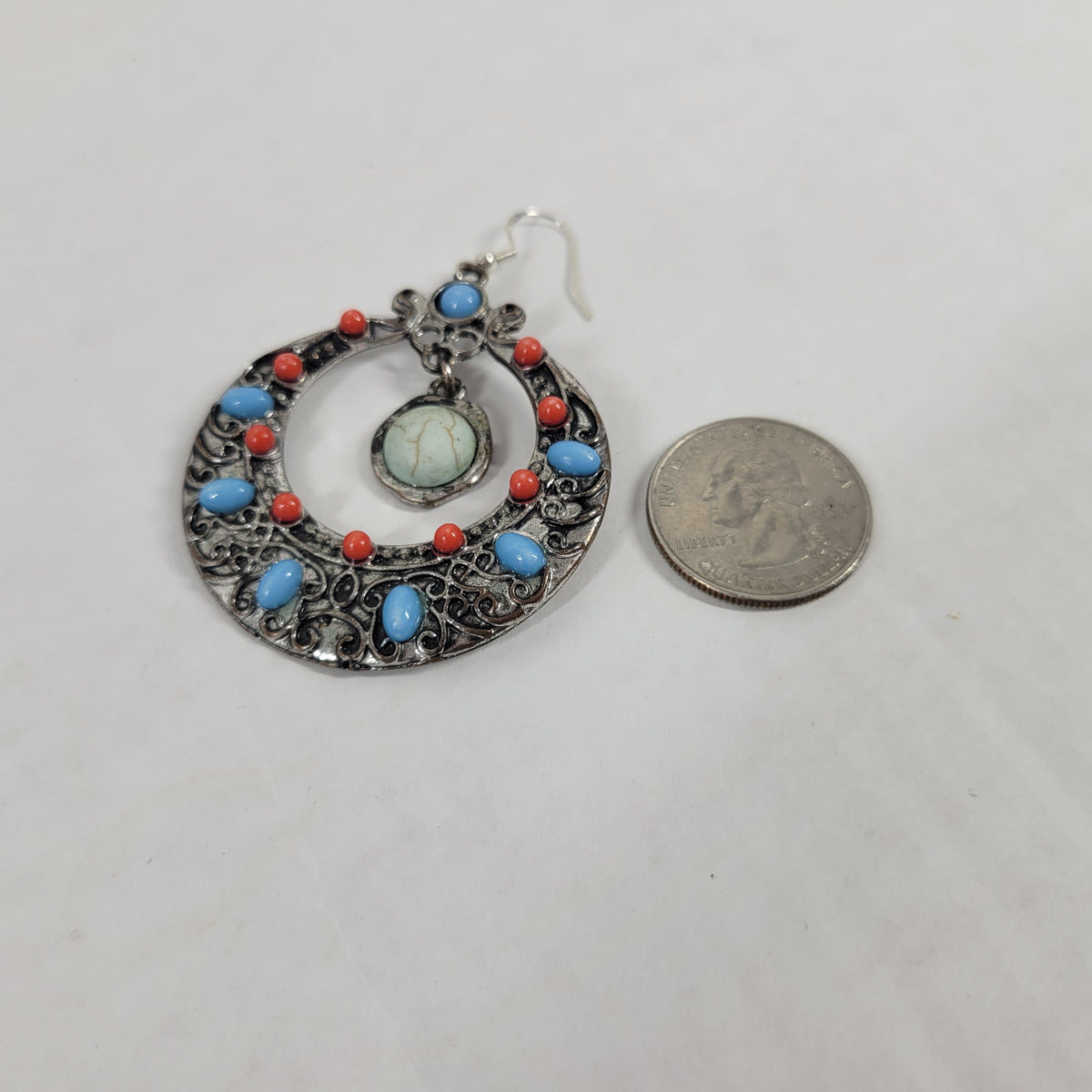 Southwestern Faux Turquoise Coral Hoop Earrings Boho Silver Dangle Statement E97E
