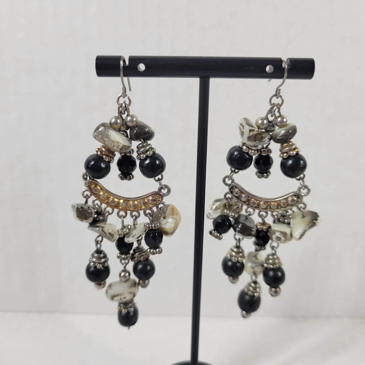 Vintage Boho Black & White Beaded Chandelier Earrings Statement Drop Dangle E146E