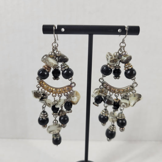 Vintage Boho Black & White Beaded Chandelier Earrings Statement Drop Dangle E146E
