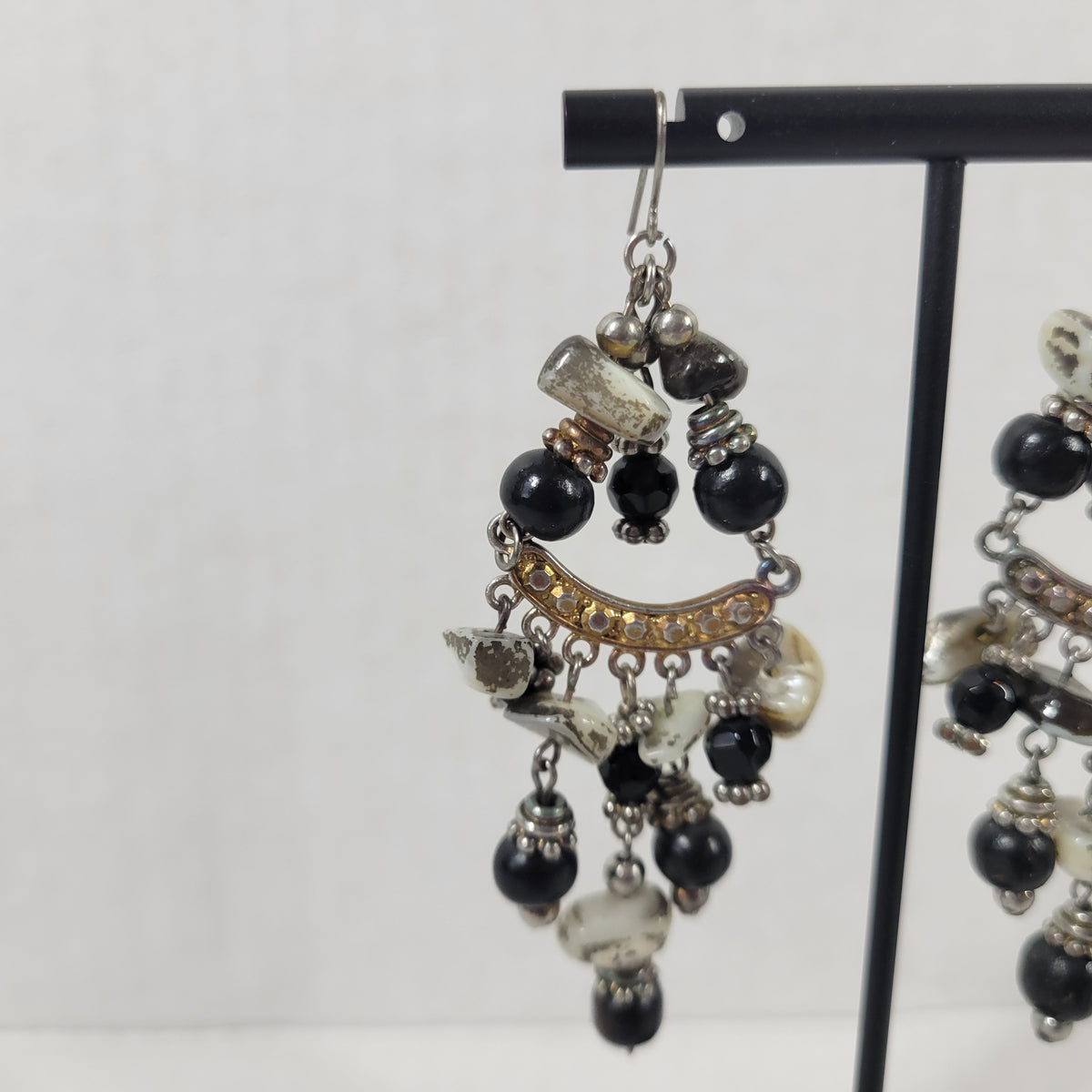 Vintage Boho Black & White Beaded Chandelier Earrings Statement Drop Dangle E146E