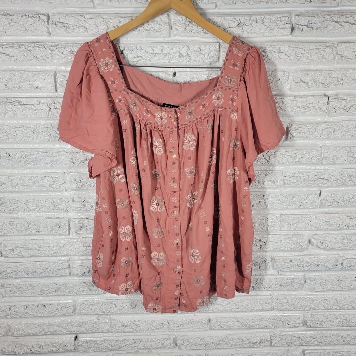 Torrid Women 3X Plus Top Pink Embroidered Peasant Shirt Linen Blend Square Neck PIN29E