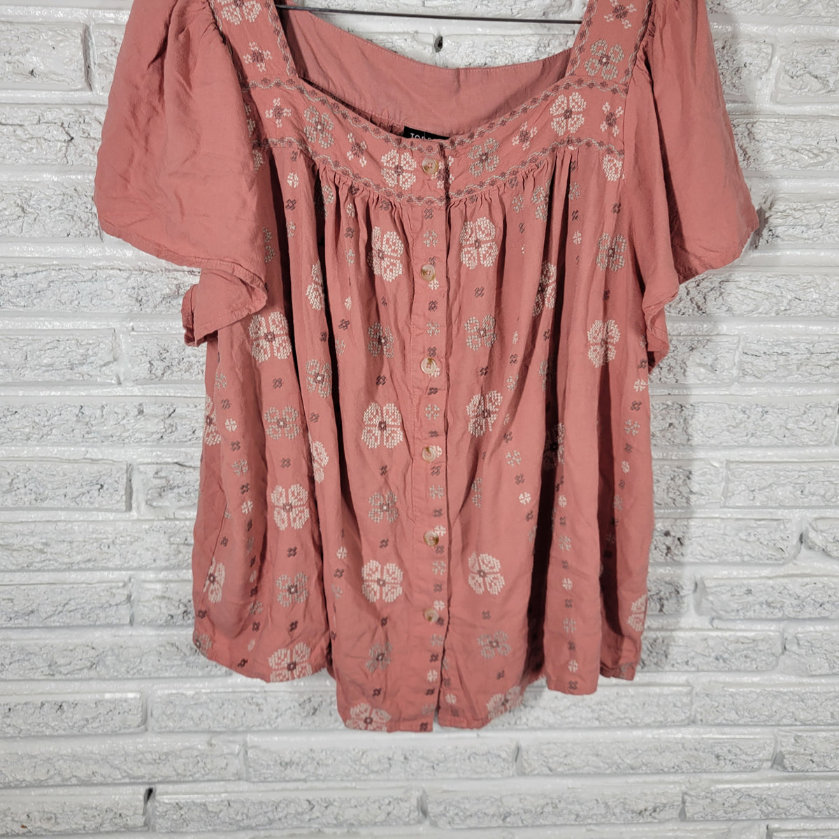 Torrid Women 3X Plus Top Pink Embroidered Peasant Shirt Linen Blend Square Neck PIN29E