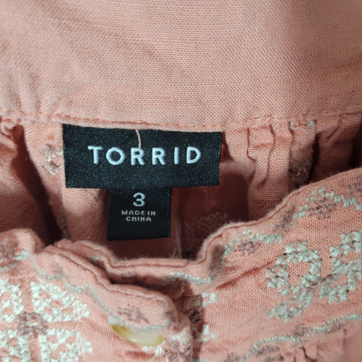 Torrid Women 3X Plus Top Pink Embroidered Peasant Shirt Linen Blend Square Neck PIN29E
