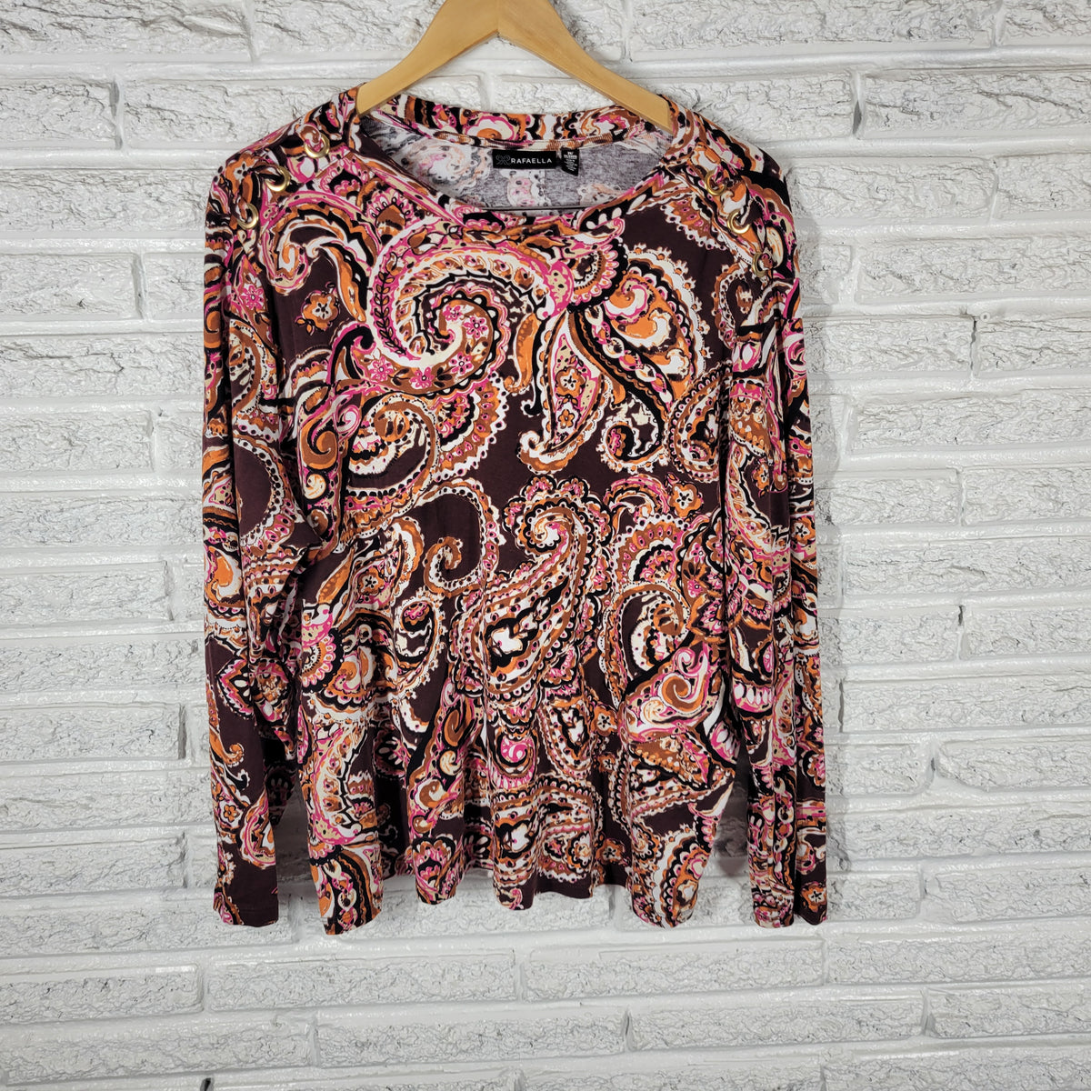 Rafaella Women 3X Plus Knit Tee Paisley Cotton Grommet Shoulder Crew Multicolor PAI54E