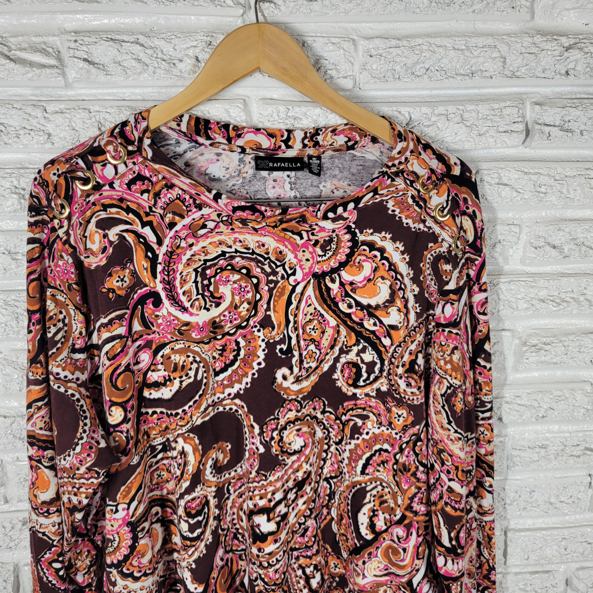 Rafaella Women 3X Plus Knit Tee Paisley Cotton Grommet Shoulder Crew Multicolor PAI54E