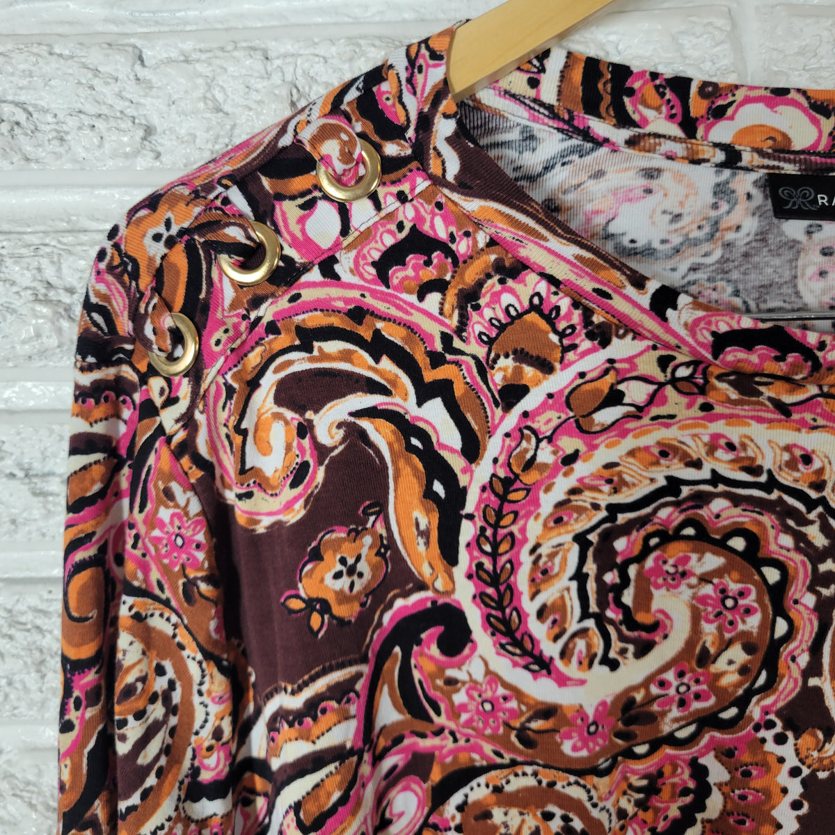Rafaella Women 3X Plus Knit Tee Paisley Cotton Grommet Shoulder Crew Multicolor PAI54E