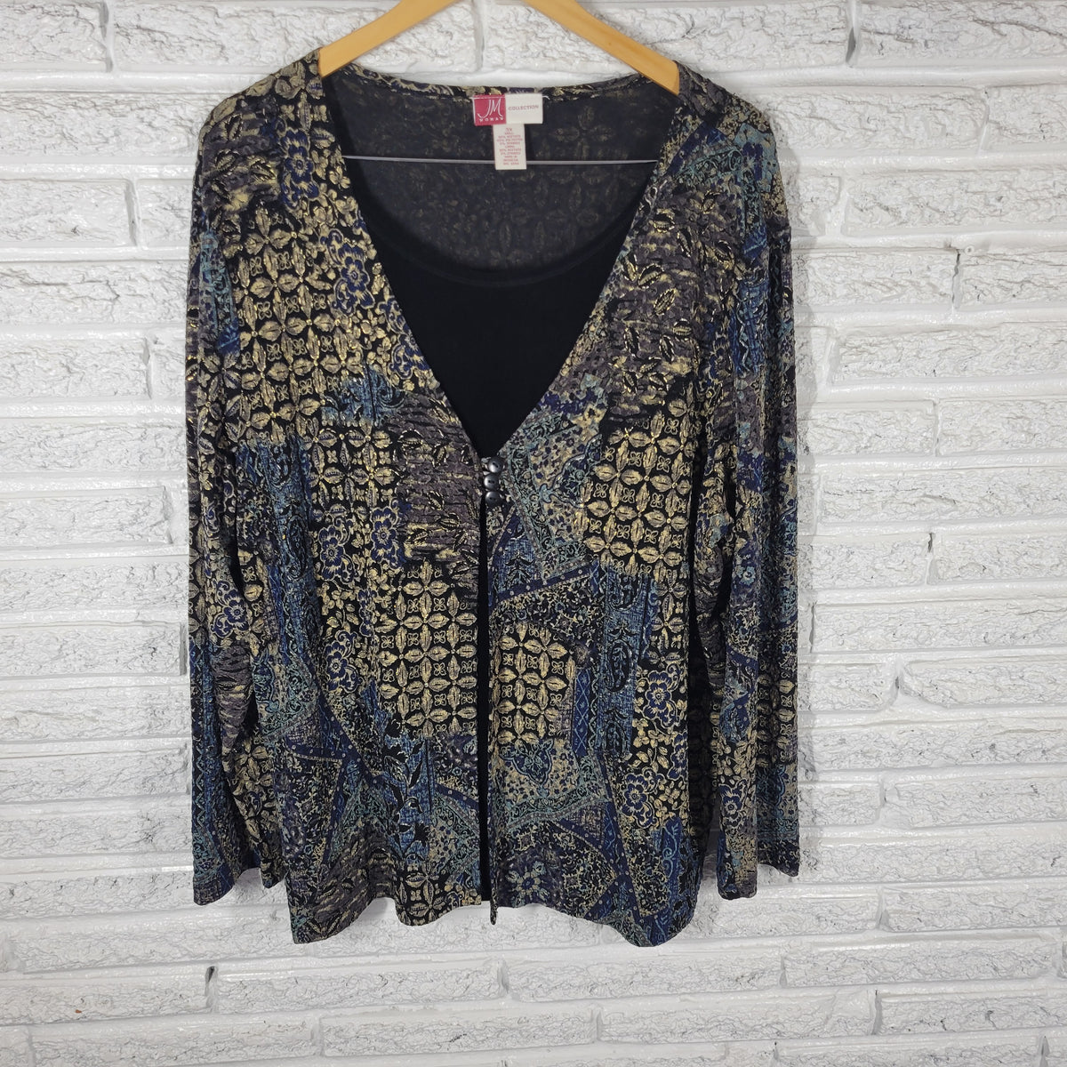 JM Collection Women 3X Plus Top Twofer Black Blue Gold Floral Metallic Knit FLO320E