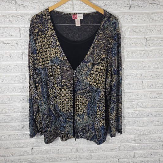 JM Collection Women 3X Plus Top Twofer Black Blue Gold Floral Metallic Knit FLO320E