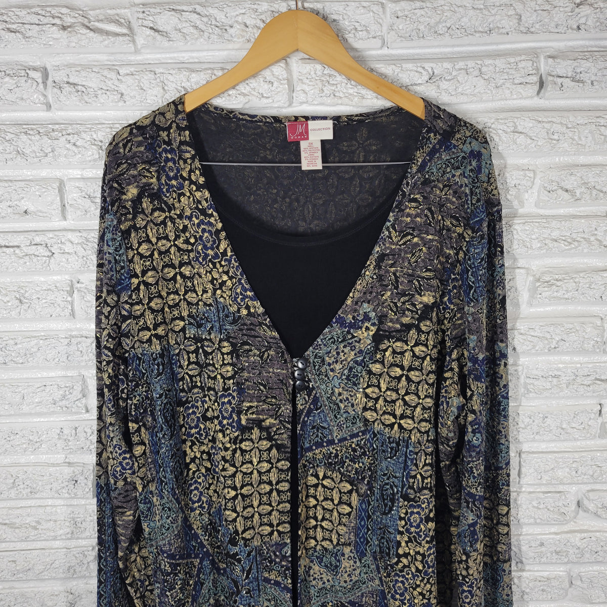 JM Collection Women 3X Plus Top Twofer Black Blue Gold Floral Metallic Knit FLO320E