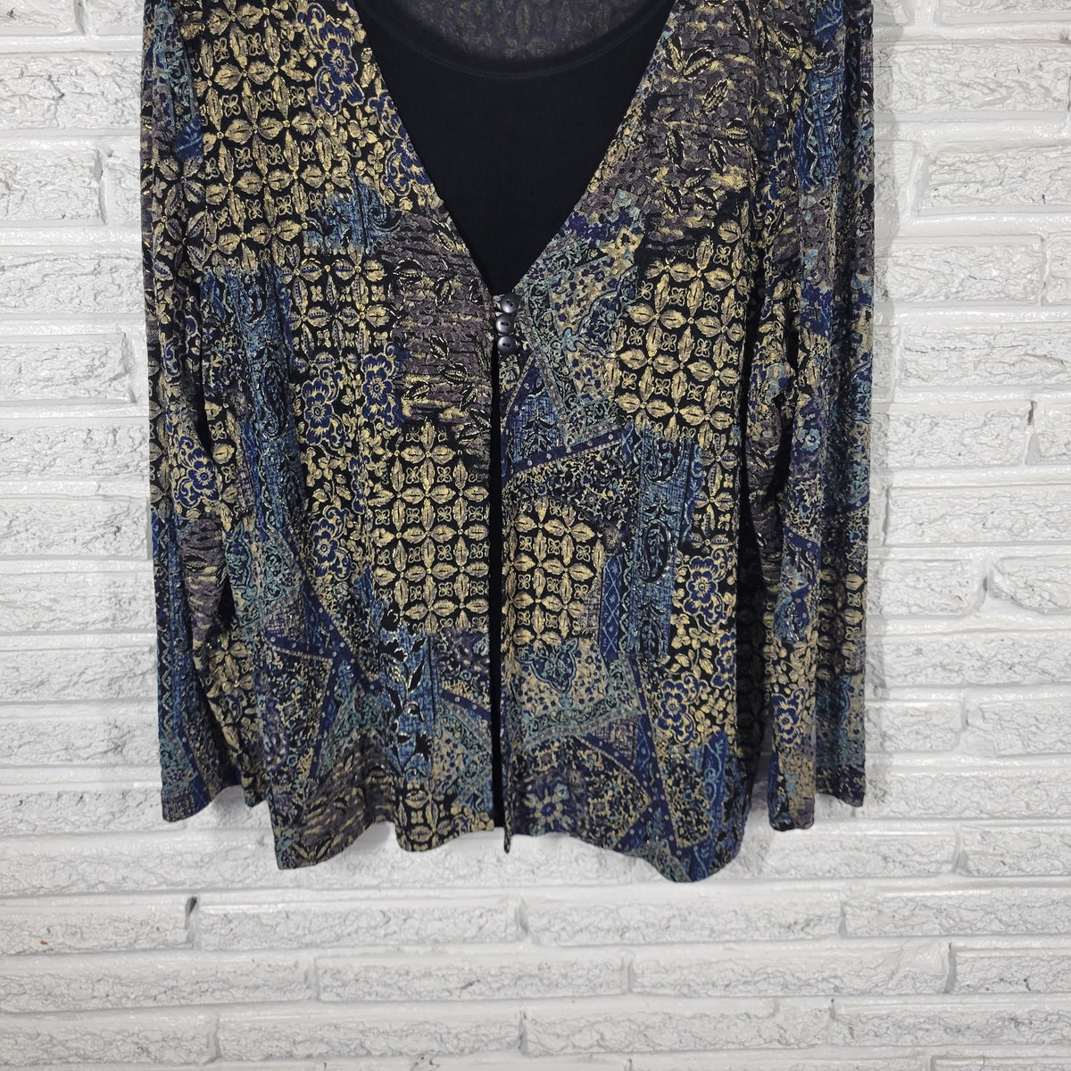 JM Collection Women 3X Plus Top Twofer Black Blue Gold Floral Metallic Knit FLO320E