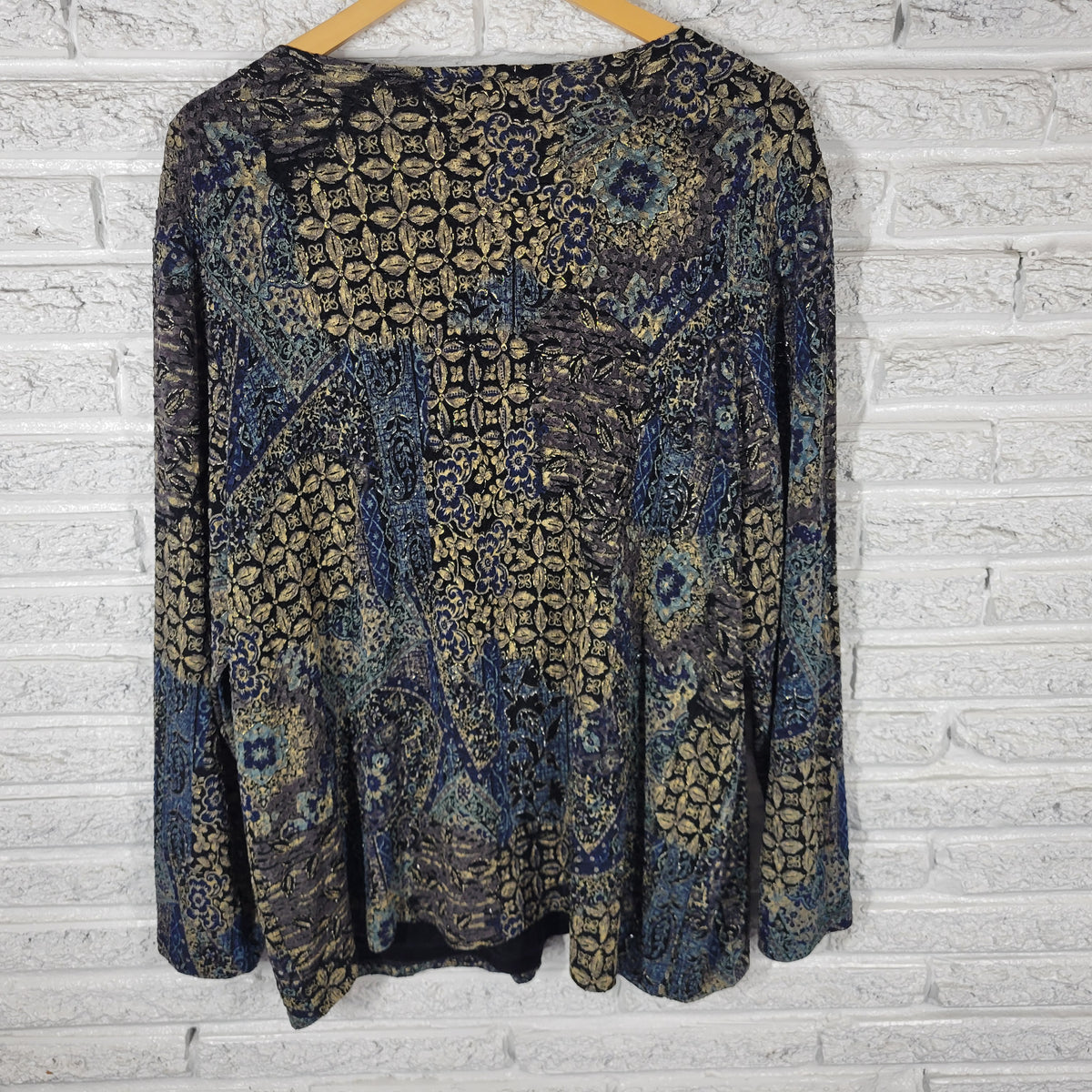 JM Collection Women 3X Plus Top Twofer Black Blue Gold Floral Metallic Knit FLO320E