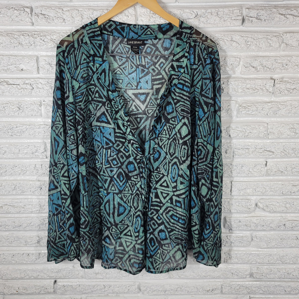 Lane Bryant Women 22 24 Plus Top Geometric Blue Green Sheer Metallic Blouse GEO297E