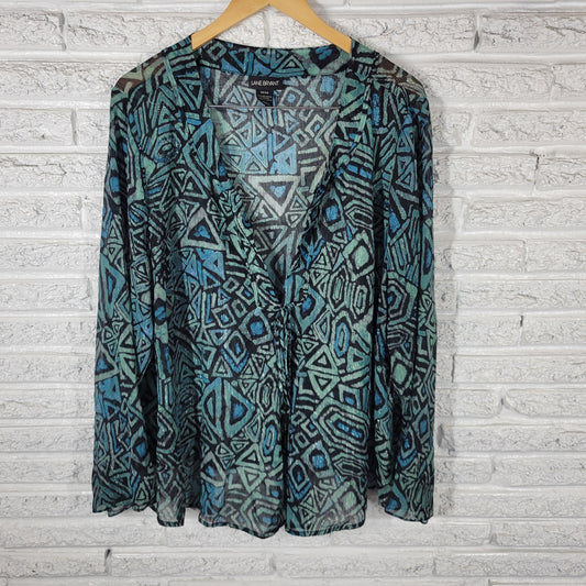 Lane Bryant Women 22 24 Plus Top Geometric Blue Green Sheer Metallic Blouse GEO297E