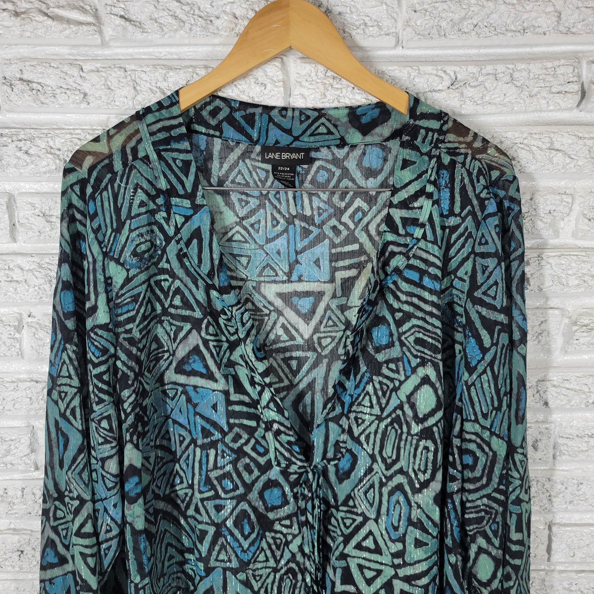 Lane Bryant Women 22 24 Plus Top Geometric Blue Green Sheer Metallic Blouse GEO297E