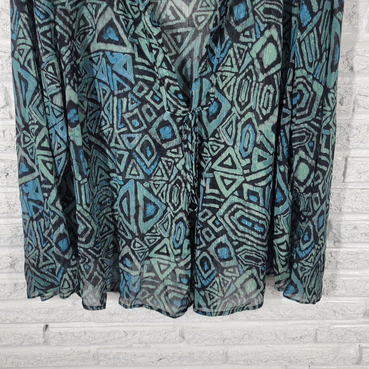 Lane Bryant Women 22 24 Plus Top Geometric Blue Green Sheer Metallic Blouse GEO297E