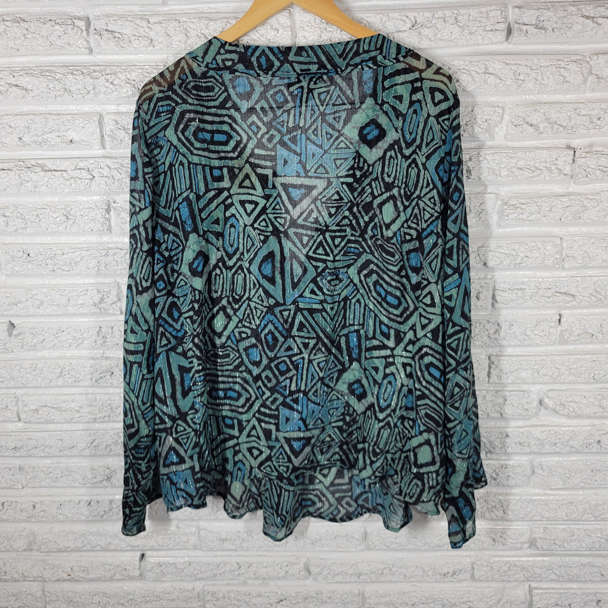 Lane Bryant Women 22 24 Plus Top Geometric Blue Green Sheer Metallic Blouse GEO297E