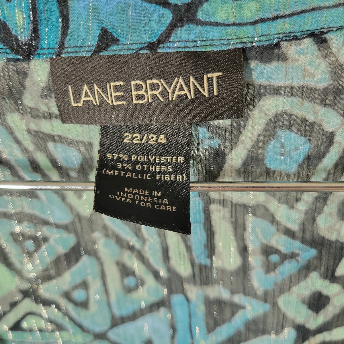 Lane Bryant Women 22 24 Plus Top Geometric Blue Green Sheer Metallic Blouse GEO297E