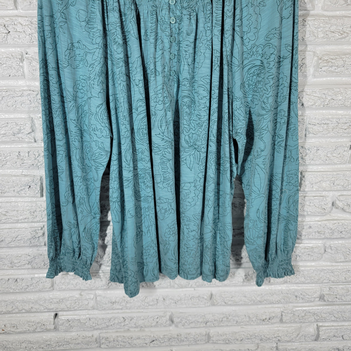 Style & Co Women''s 3X Plus Top Blue Floral Smocked Cotton Long Sleeve Button BLU108E