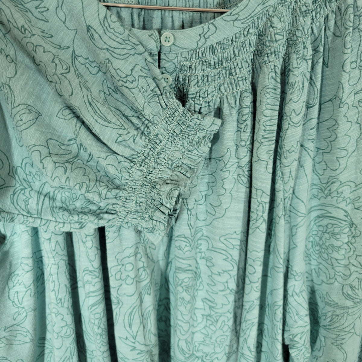 Style & Co Women''s 3X Plus Top Blue Floral Smocked Cotton Long Sleeve Button BLU108E
