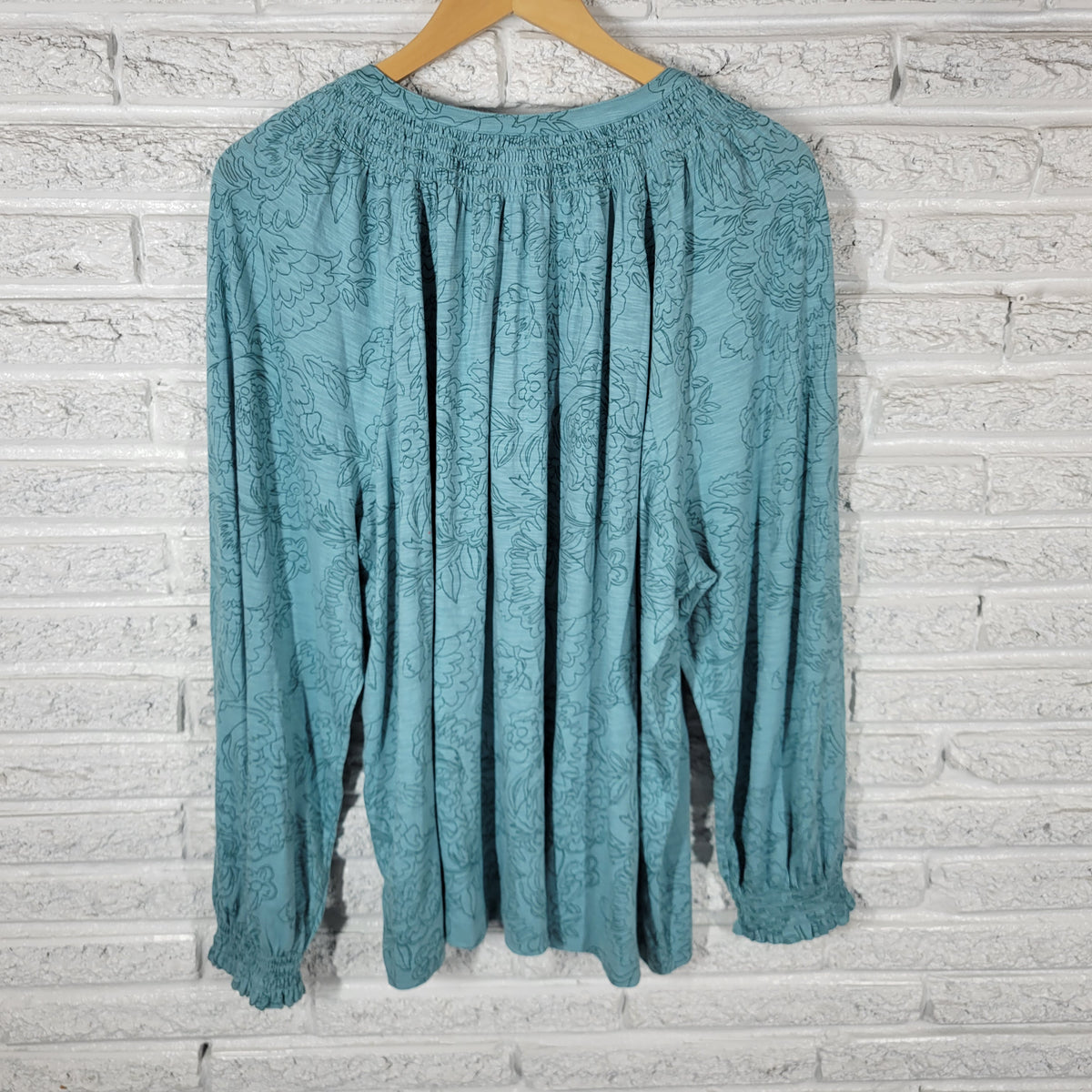 Style & Co Women''s 3X Plus Top Blue Floral Smocked Cotton Long Sleeve Button BLU108E