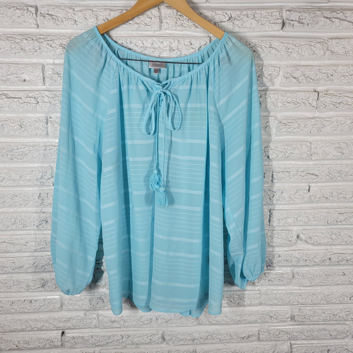 Avenue Women 18 20 Plus Top Blue Sheer Blouse Lace Up Long Sleeve Solid Casual BLU100E