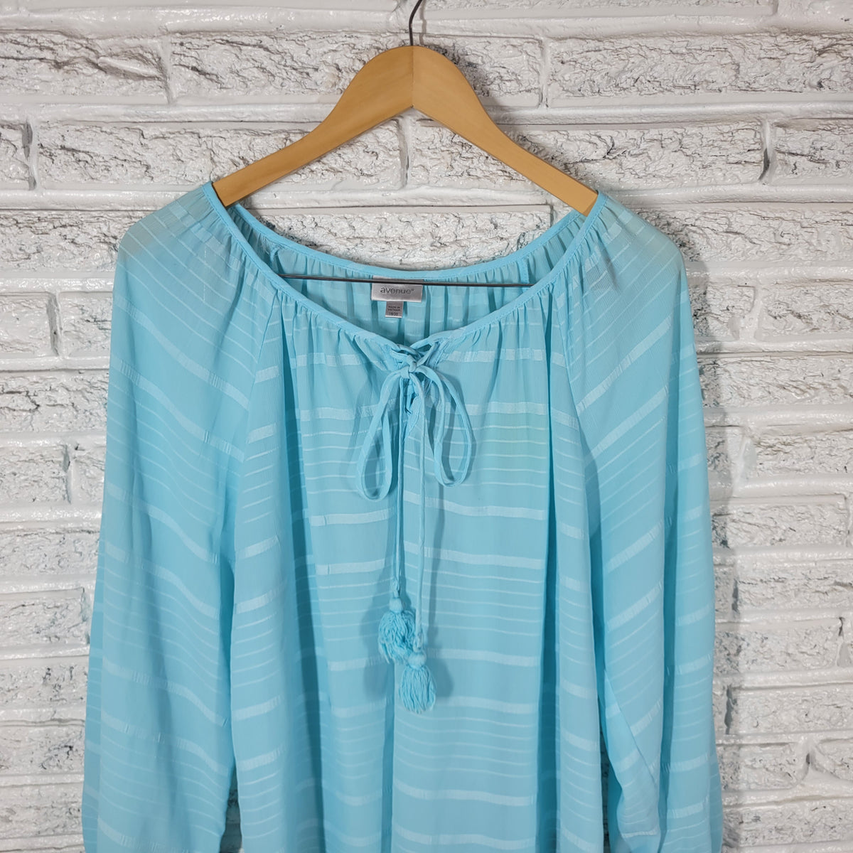Avenue Women 18 20 Plus Top Blue Sheer Blouse Lace Up Long Sleeve Solid Casual BLU100E