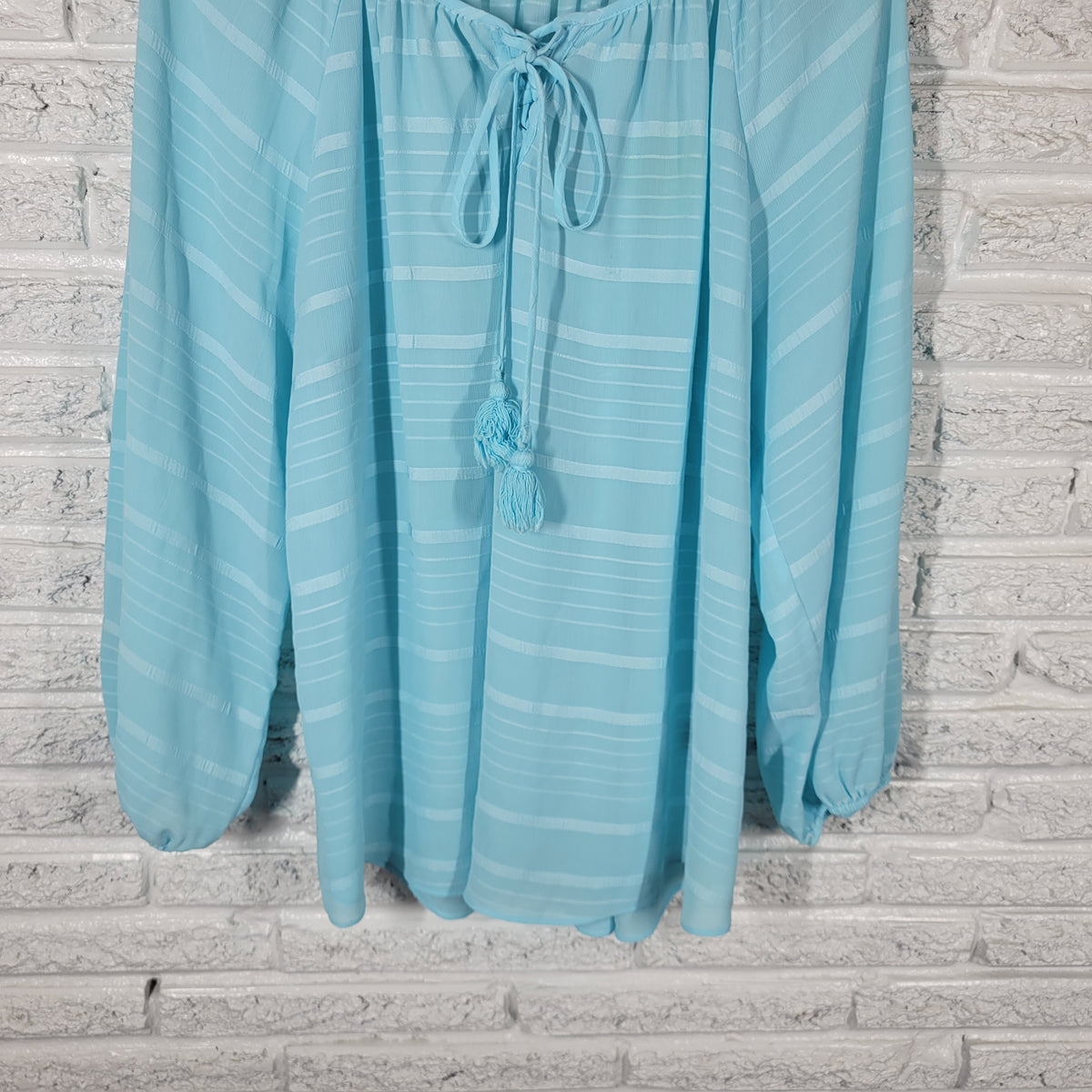 Avenue Women 18 20 Plus Top Blue Sheer Blouse Lace Up Long Sleeve Solid Casual BLU100E