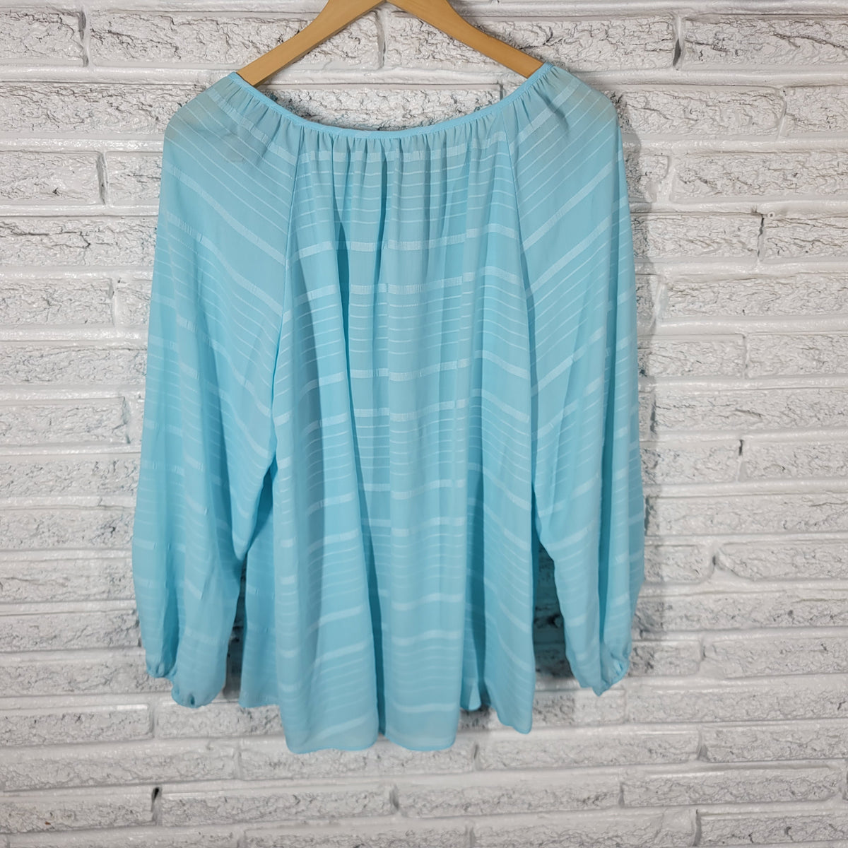 Avenue Women 18 20 Plus Top Blue Sheer Blouse Lace Up Long Sleeve Solid Casual BLU100E