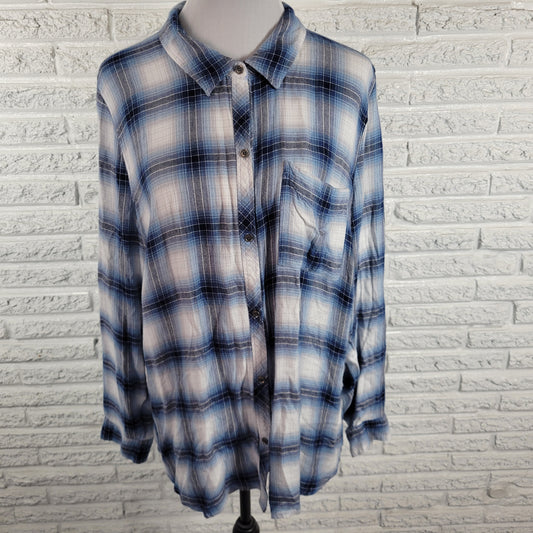 Forever 21 Women 2X Plus Blouse Blue White Plaid Roll Tab Long Sleeve Button PLA16XE