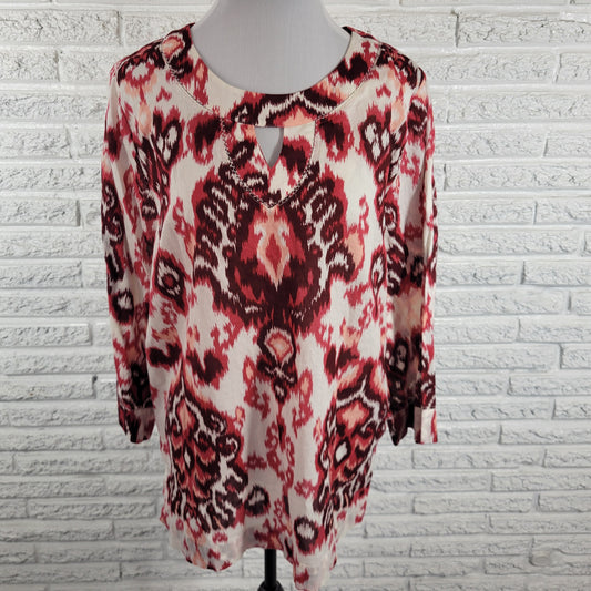 White Stag Women XXL 20 Top Red White Geometric Cotton 3/4 Sleeve Semi Sheer GEO289E