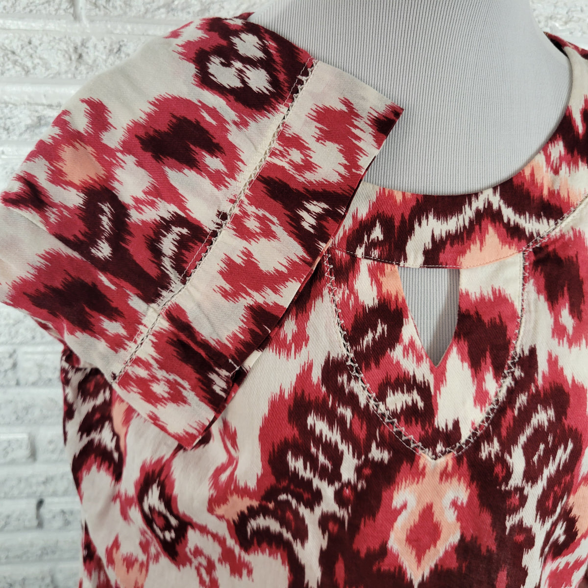 White Stag Women XXL 20 Top Red White Geometric Cotton 3/4 Sleeve Semi Sheer GEO289E