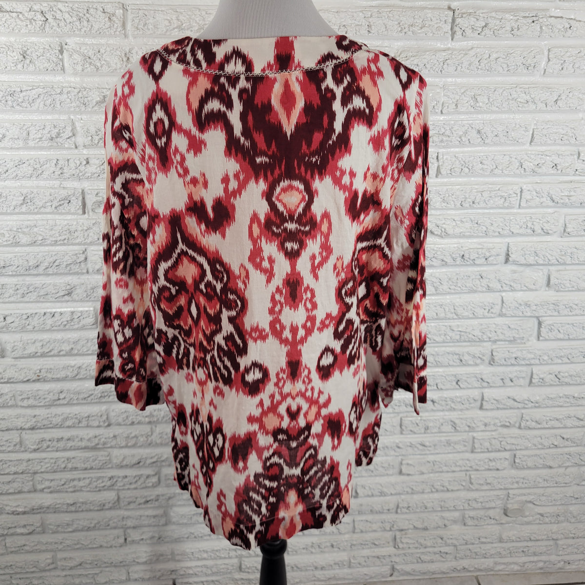 White Stag Women XXL 20 Top Red White Geometric Cotton 3/4 Sleeve Semi Sheer GEO289E