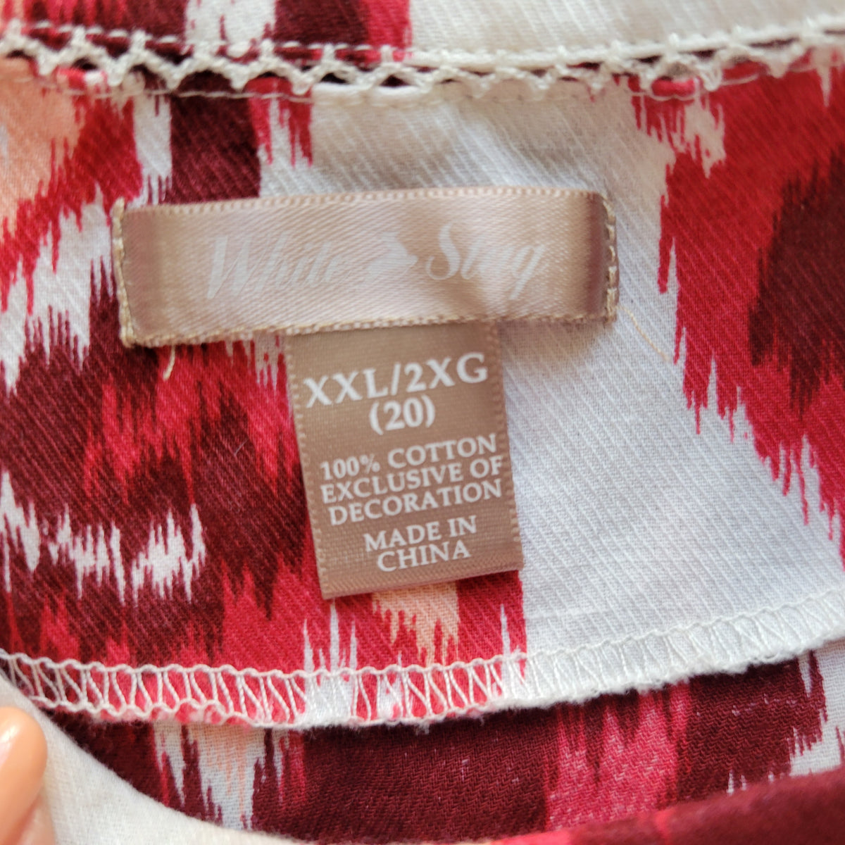 White Stag Women XXL 20 Top Red White Geometric Cotton 3/4 Sleeve Semi Sheer GEO289E