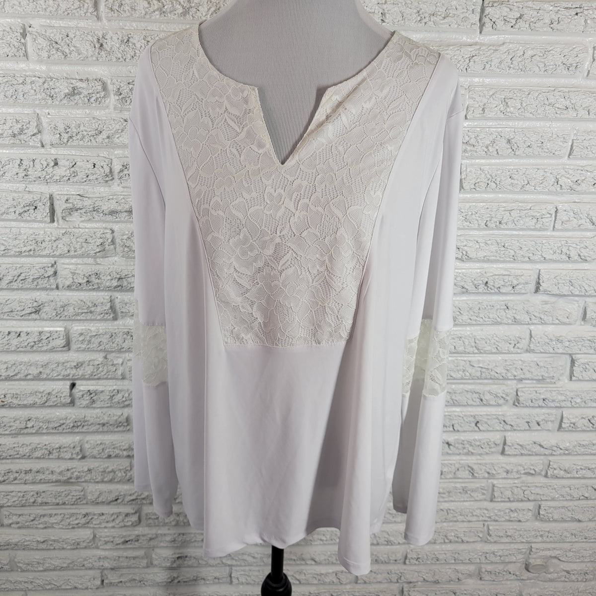 Ashley Stewart Top Womens 18/20 White Lace Trim Blouse V-Neck Long Sleeve Shirt WHI11E