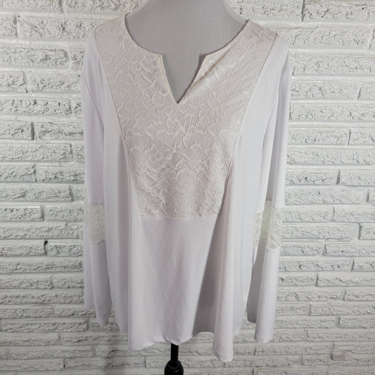 Ashley Stewart Top Womens 18/20 White Lace Trim Blouse V-Neck Long Sleeve Shirt WHI11E