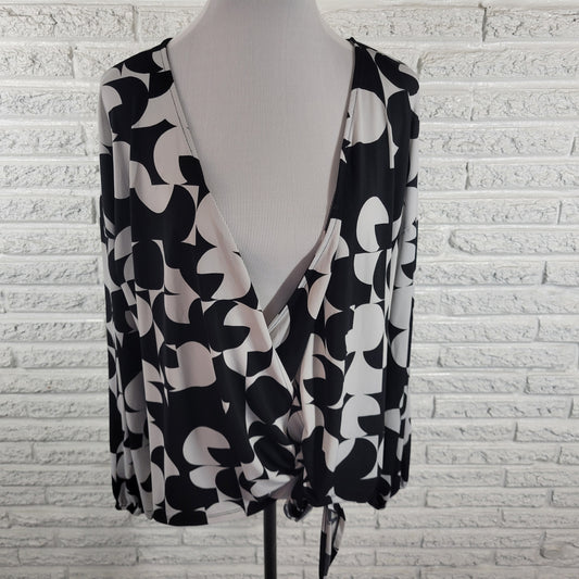 Worthington Women XL Wrap Top Black White Geometric V-Neck Long Sleeve Blouse GEO213E